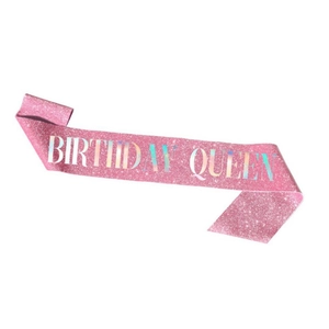 Pink glitter sash with holographic Birthday Queen text for birthday party celebration