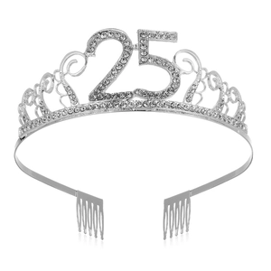 Diadème argenté 25e anniversaire avec strass et peignes pour fête d'anniversaire