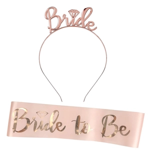 Detail of rose gold Bride headband and champagne Bride to Be sash for bridal parties