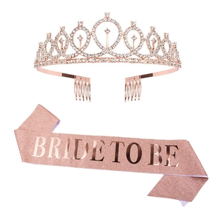 Detail of rose gold Bride To Be sash and rhinestone crown for bachelorette parties