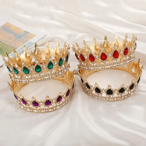 Luxury bridal crowns in gold alloy with crystal rhinestones and vibrant teardrop gems
