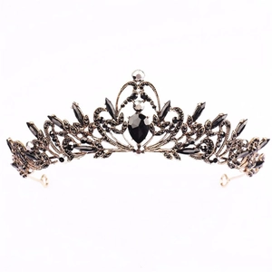 Couronne de mariée baroque vintage avec pierres noires, métal bronze antique et strass
