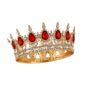 Luxury gold bridal crown with red pear-cut gems and sparkling white crystals for weddings