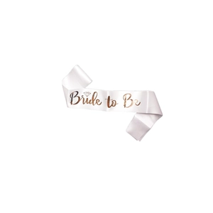 White satin Bride to Be sash with rose gold lettering for bachelorette party decor