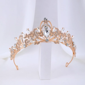 Couronne de mariée vintage en or rose avec cristaux blancs et pierre centrale