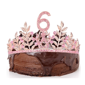 Rose gold 6th birthday cake topper crown with pink rhinestones and leaf pattern