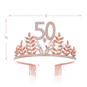 Detailed view of rose gold 50th birthday crown with rhinestones and size dimensions