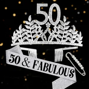 50th Birthday set with silver 50 rhinestone crown and silver 50 & Fabulous sash glitter