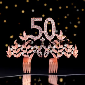 Detailed view of rose gold 50th birthday tiara with rhinestones and number 50