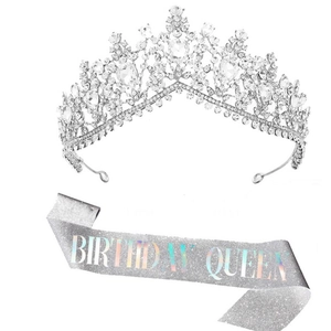 Set Birthday Queen con tiara di strass argentati e fascia da festa argento brillante