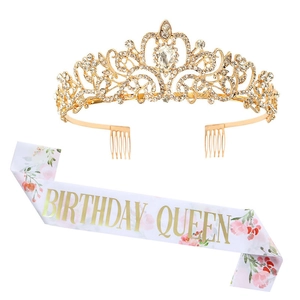 Detail of a gold rhinestone tiara and floral satin sash with Birthday Queen lettering
