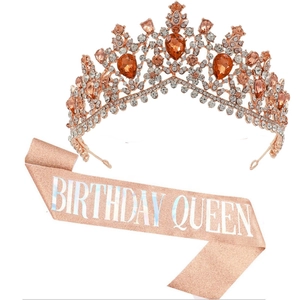 Set corona e fascia Birthday Queen in oro rosa con brillanti pietre arancioni a goccia