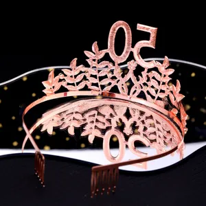 Detail of rose gold 50th birthday tiara with rhinestones and built-in hair combs