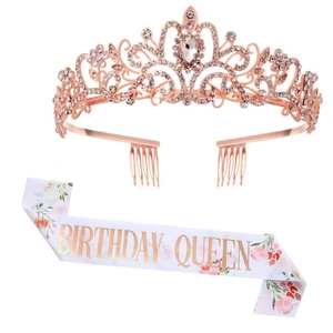 Birthday Queen set with rose gold rhinestone tiara and white printed satin sash for parties