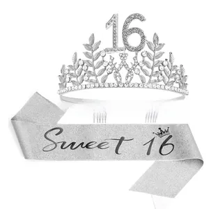 Silver rhinestone 16th birthday crown and matching Sweet 16 glitter sash set
