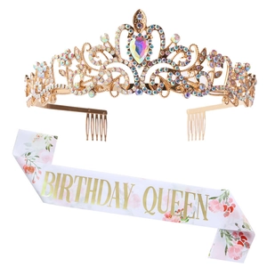 Birthday Queen set with sparkling rhinestone gold tiara and floral white satin sash