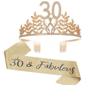Detail of 30th birthday set with gold rhinestone crown and 30 & Fabulous glitter sash