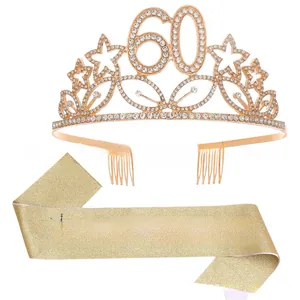 Close-up of sparkling rose gold 60th birthday tiara and 60 & Fabulous glitter sash set