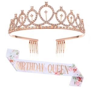 Birthday Queen Girl Sash And Rhinestone Tiara For Women Girls Birthday Party Decorations Accessories Rose Gold Gold Silver