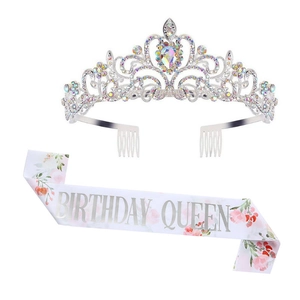 Rhinestone Tiara And Floral Printed Sash Set Birthday Queen Crown For Women Party Celebration Decorations Alloy Tiara Accessory