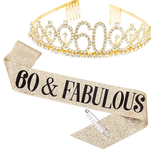 60. Geburtstag Set mit Roségold Schärpe, Strass Krone und Perlen Sicherheitsnadel
