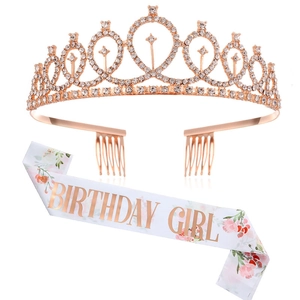 Birthday Girl rose gold rhinestone crown and floral white satin sash party accessory set