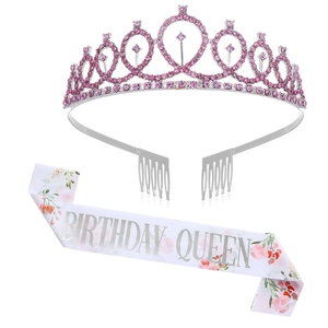 Birthday Queen set featuring a silver crystal tiara and a floral satin sash for celebrations