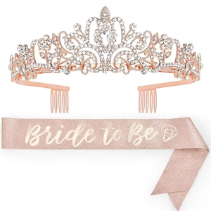 Detail of rose gold crystal crown and pink glitter sash with Bride to Be text