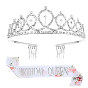 Birthday Queen set featuring a silver rhinestone tiara and pink floral satin sash