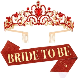 Red glitter Bride To Be sash with a gold ruby tiara set for bridal shower parties