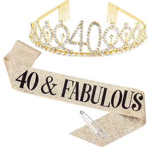 Roségold-Set zum 40. Geburtstag mit Kristall-Tiara und 40 & Fabulous Glitzerschärpe