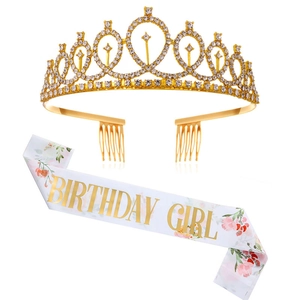 Birthday Girl sash and golden rhinestone crown set for women birthday party supplies
