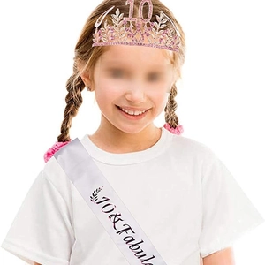 10th Birthday party set with rose gold rhinestone crown and pink 10 & Fabulous sash