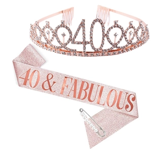 40. Geburtstag Set mit Roségold-Strass-Tiara und 40 & Fabulous Glitzerschärpe mit Nadel