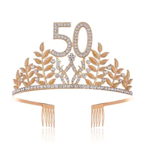Elegant 50th birthday rose gold leaf crown with sparkling rhinestones and comb
