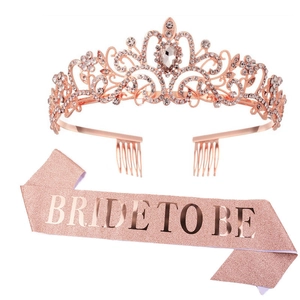 Rose gold Bride To Be sash and rhinestone crown tiara set for bridal shower party decor