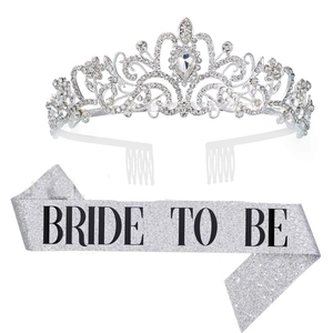 Silver crystal crown and glitter bride to be sash set for bridal party celebration
