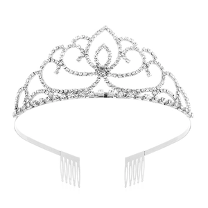 Detailed close-up of silver bridal tiara with sparkling rhinestones and securing combs