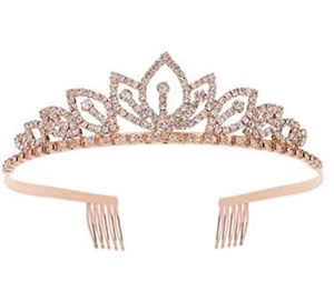 Elegante tiara da sposa in oro rosa con strass scintillanti e pettini laterali per capelli