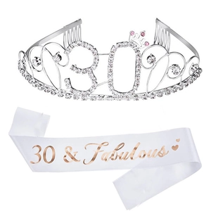 Close-up of 30th birthday set featuring a rhinestone tiara and 30 & Fabulous satin sash