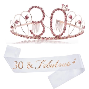 Detail of rose gold 30th birthday crown and 30 & Fabulous satin sash gift set