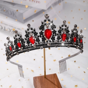 Detail of Gothic baroque bridal crown with red teardrop crystals and black rhinestones