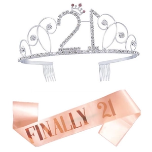 Detailed shot of rose gold Finally 21 sash and sparkling rhinestone 21st birthday crown