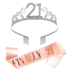 Close-up of sparkling 21st birthday tiara and rose gold Finally 21 satin sash