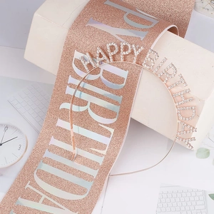 Rose gold glitter birthday sash and rhinestone crown headband party decoration set