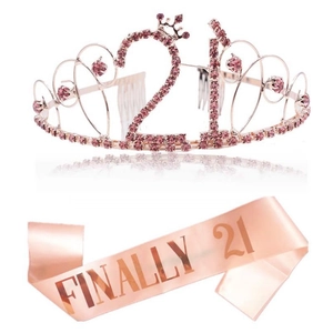Rose gold 21st birthday set featuring sparkling crystal tiara and Finally 21 satin sash