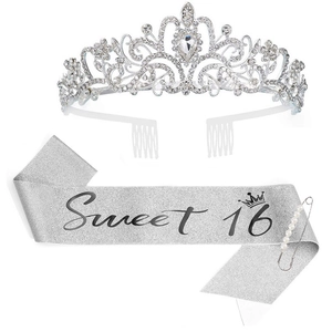 Sweet 16 Décorations d'Anniversaire Diadème Et Écharpe Couronne En Strass Écharpe d'Anniversaire Pailletée Avec Épingle En Künstliche Perles Pour Bijoux De Fête De Filles