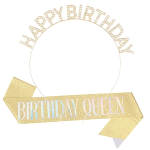 Ensemble écharpe dorée Birthday Queen et serre-tête Happy Birthday orné de strass