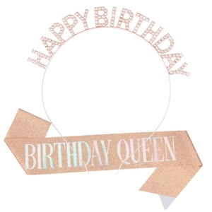 Set Serre-tête Strass Happy Birthday Et Écharpe Pailletée Birthday Queen Couronne Diadème Décoration Fête Anniversaire Accessoires Costume Pour Femmes Filles