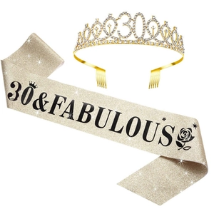 Detail showing glittery champagne gold 30 & Fabulous sash and crystal 30th birthday tiara